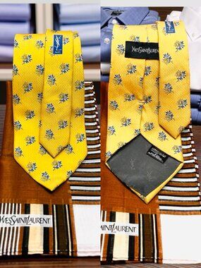 Set  Yves Saint Laurent Necktie Silk & YSL Handkerchief Gold Yellow Borwn (21